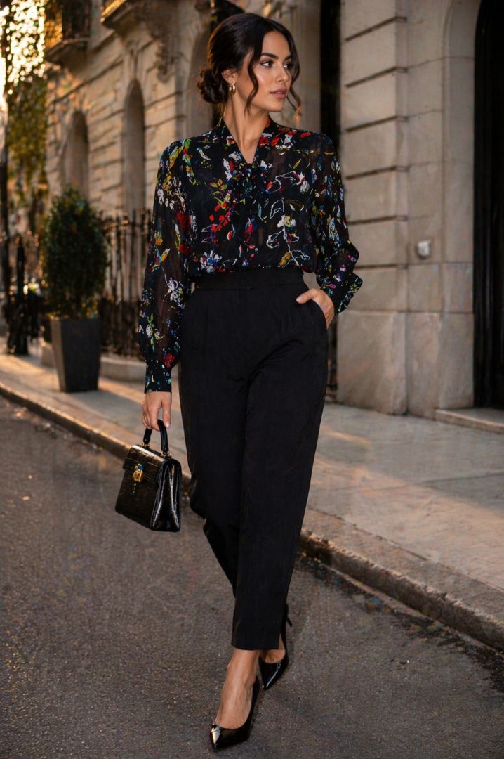 Tanya Taylor Black Floral Print Sheer Blouse