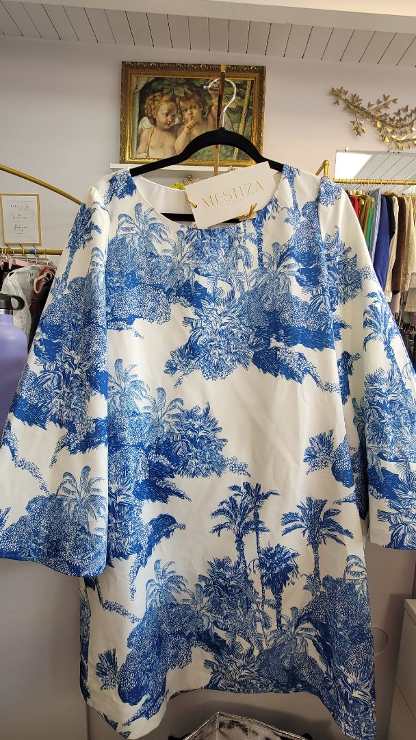White and Blue Tropical Pattern Mestiza Dress, M