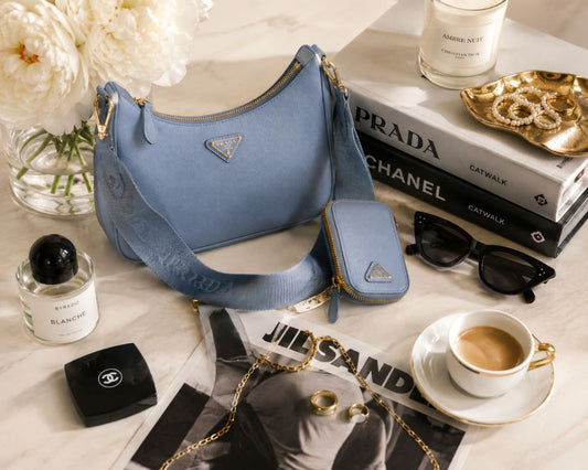 gray blue Prada re-edition 2005 saffiano leather shoulder bag with matching pouch