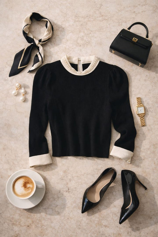 black and white Commense contrast with pearl top, S