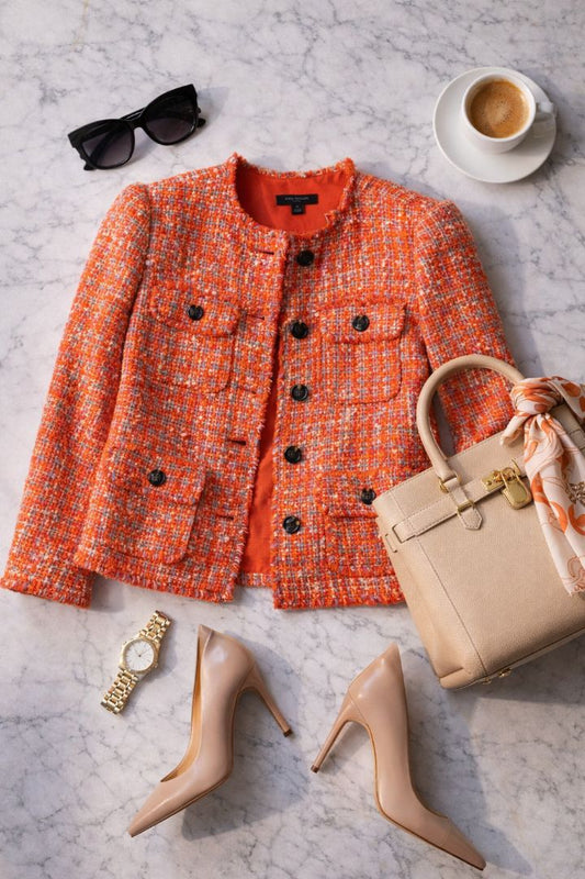 orange and brown Ann Taylor tweed jacket, 8