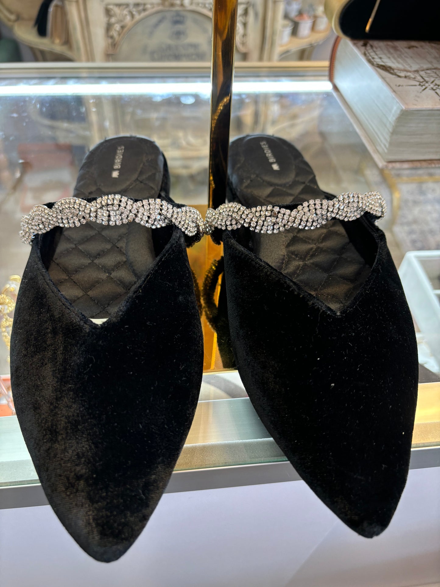 BIRDIES The Swan black velvet flat with crystal band – women’s luxury slide