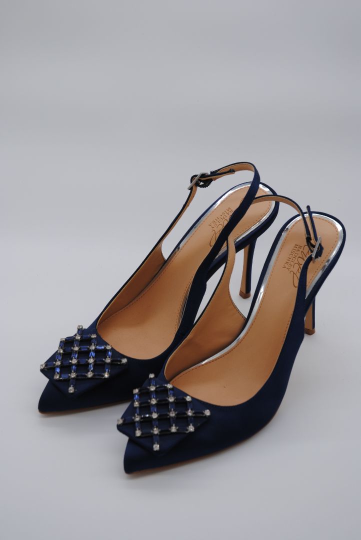 Side view of Badgley Mischka jewel-embellished satin heels