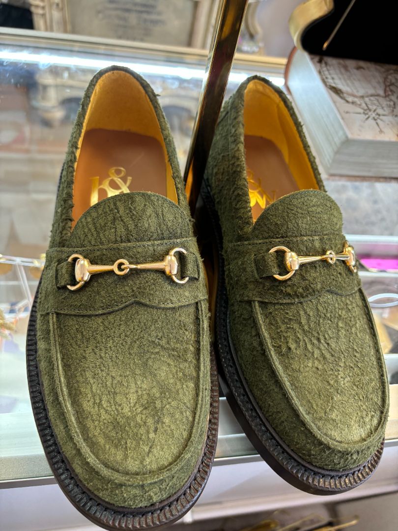 Blackstock & Weber Mason Horsebit Loafer in moss green suede with gold-tone hardware