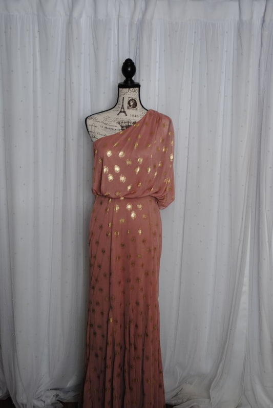 blush and gold Adrianna Papell collection Foiled dot asymmetrical mesh long dress, 6/M
