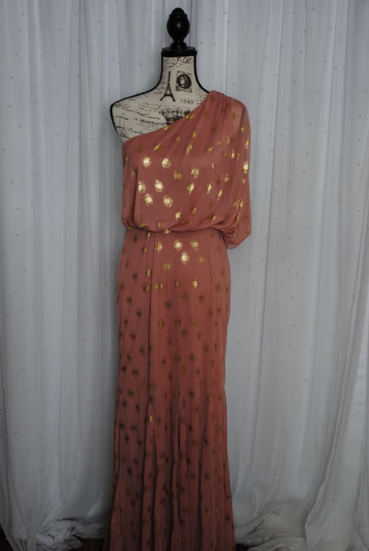 blush and gold Adrianna Papell collection Foiled dot asymmetrical mesh long dress, 6/M