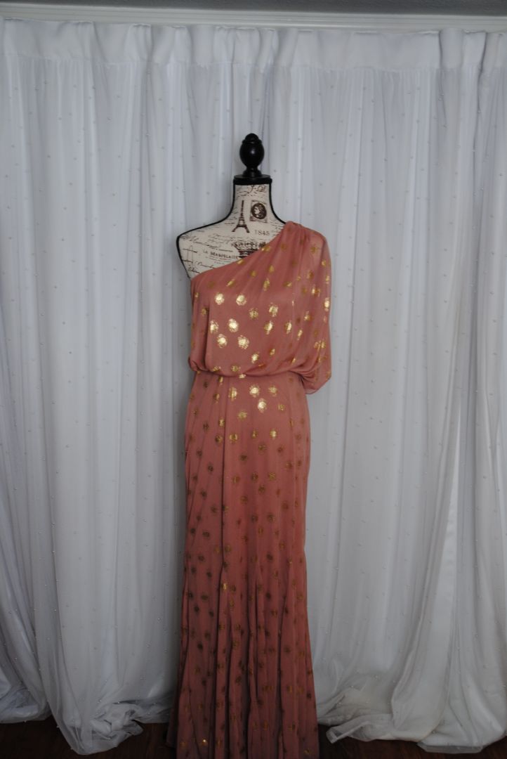 blush and gold Adrianna Papell collection Foiled dot asymmetrical mesh long dress, 6/M