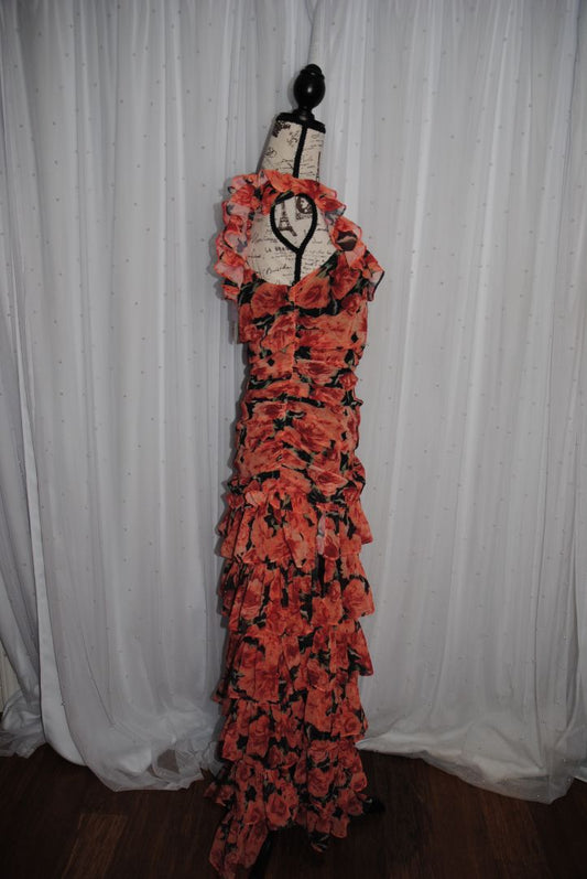 orange and black floral Lilly's Kloset Ruffle Maxi Dress, L