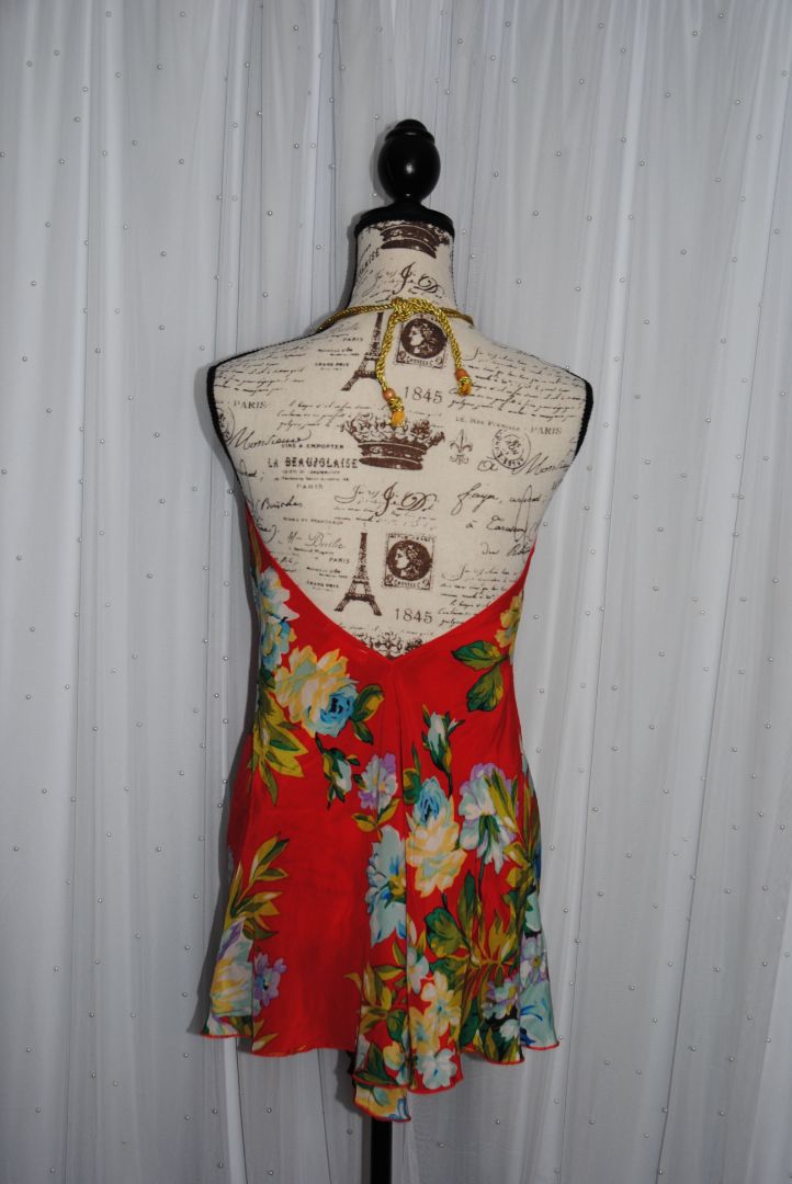 orange red floral Kimchee & Blue halter floral tunic gold rope tie dress, m/l