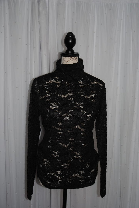 black White house black market NWT lace black mock neck, M