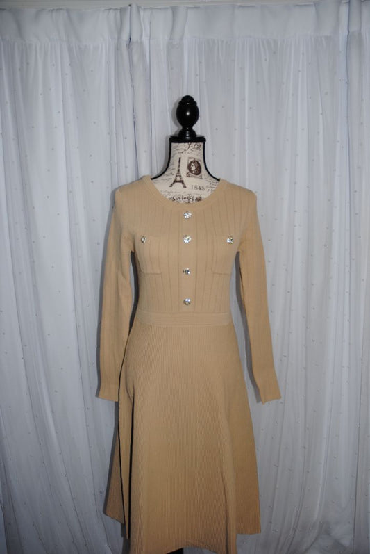 Beige Gracia Quilted A-Line Midi Dress NWT, M