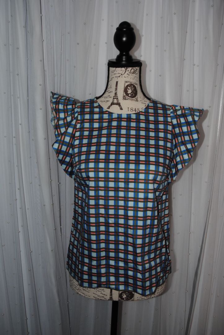 blue/green/pink Kate Spade cotton checked flutter sleeve blouse, XXS