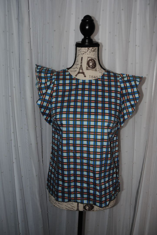 blue/green/pink Kate Spade cotton checked flutter sleeve blouse, XXS