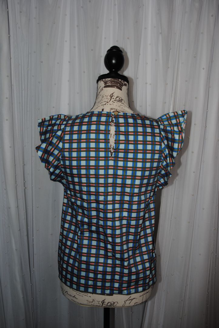 blue/green/pink Kate Spade cotton checked flutter sleeve blouse, XXS