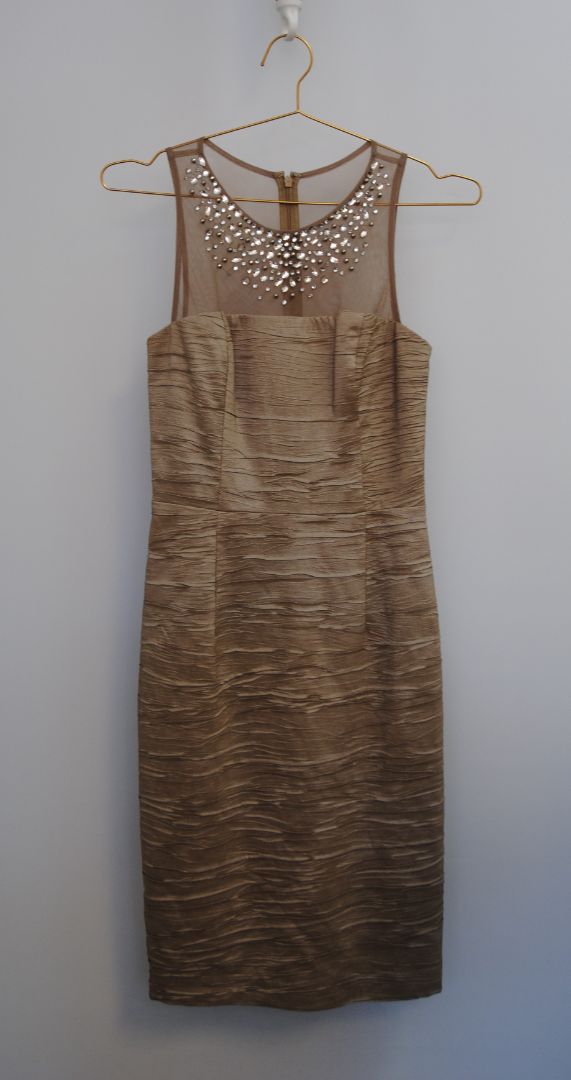 champagne taupe Julianna's Luxe Eliza J Embellished Mesh-Neck Cocktail Dress, 6
