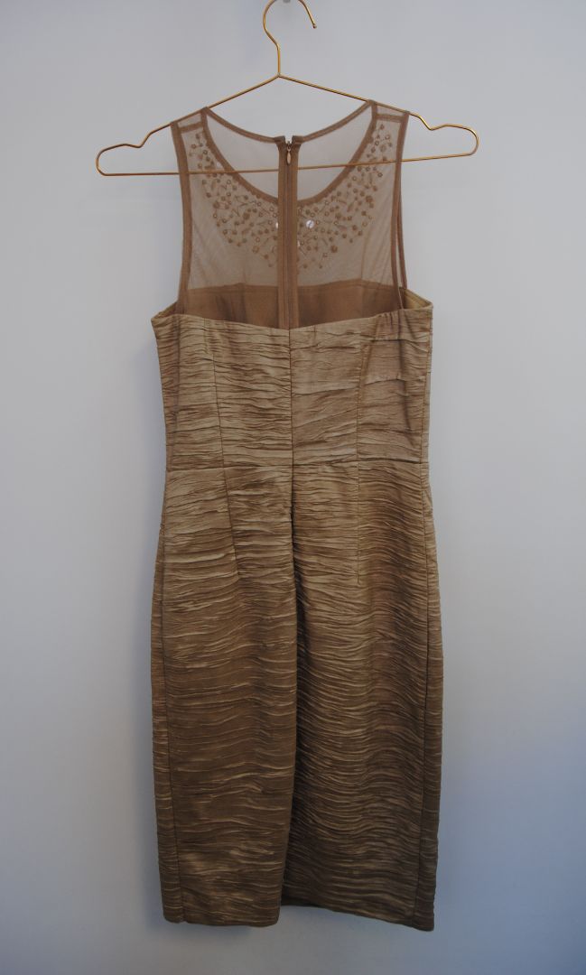 champagne taupe Julianna's Luxe Eliza J Embellished Mesh-Neck Cocktail Dress, 6