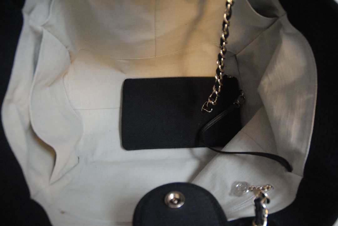 black Chanel Deauville Large Shopping Tote in Black Canvas with Leather Trim:, Length: 15 in (38 cm) Height: 11.5 in (29 cm) Depth: 6 in (15 cm) Handle Drop (top handles): 4.5 in Strap Drop (shoulder chains): 10 in