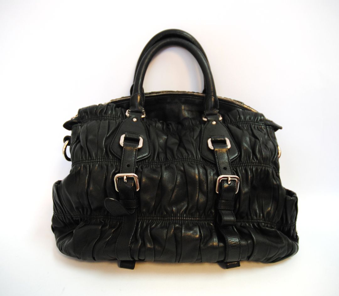 black Prada Matelasse Napa leather tote, Length: 15 in (38 cm) Height: 11 in (28 cm) Depth: 6 in (15 cm) Handle Drop: 5.5 in Strap Drop (if included): 18–22 in