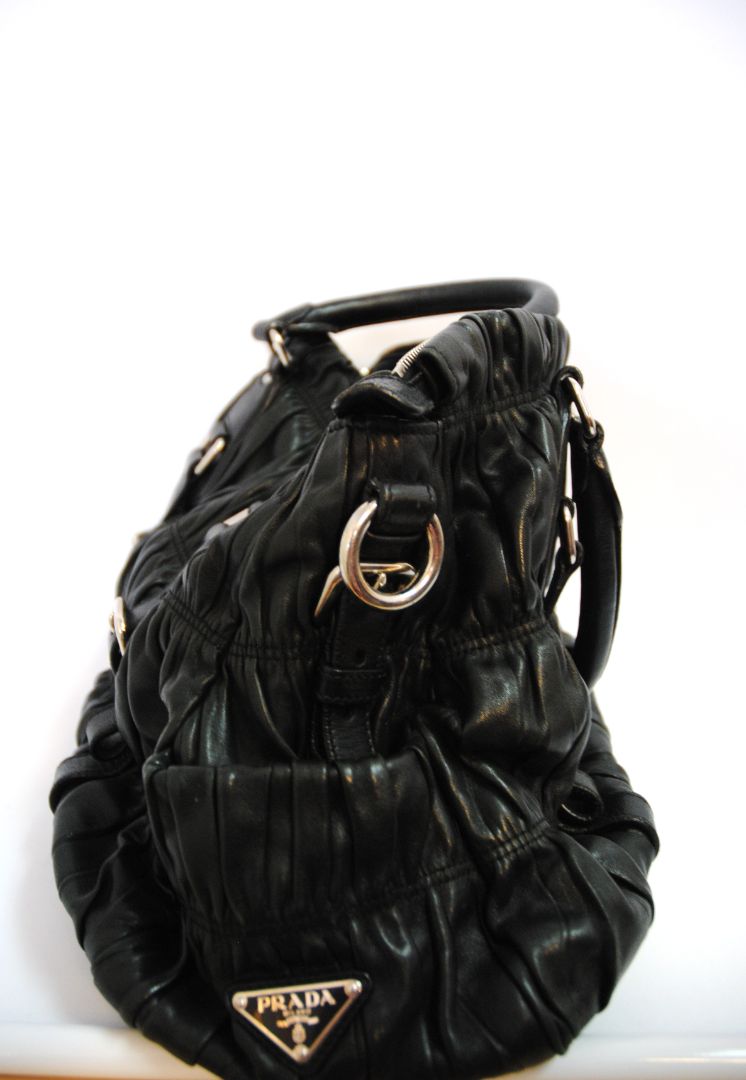 black Prada Matelasse Napa leather tote, Length: 15 in (38 cm) Height: 11 in (28 cm) Depth: 6 in (15 cm) Handle Drop: 5.5 in Strap Drop (if included): 18–22 in