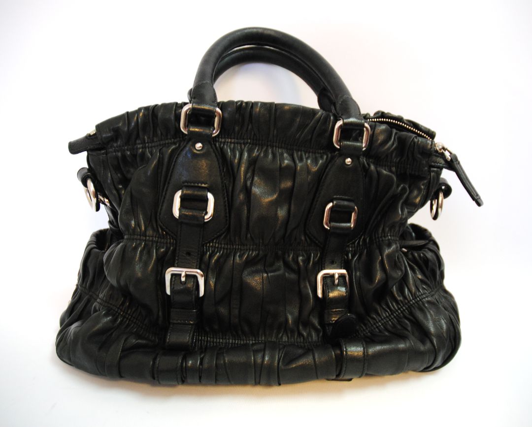 black Prada Matelasse Napa leather tote, Length: 15 in (38 cm) Height: 11 in (28 cm) Depth: 6 in (15 cm) Handle Drop: 5.5 in Strap Drop (if included): 18–22 in