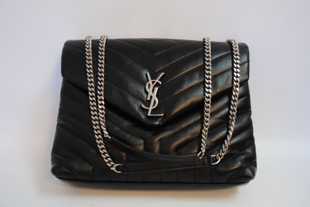 black and silver Saint Laurent loulou large calfskin, Length: 14 in (35.5 cm) Height: 10 in (25.5 cm) Depth: 5.1 in (13 cm) Strap Drop (Double Chain): ~11 in Strap Drop (Single Crossbody): ~19 in