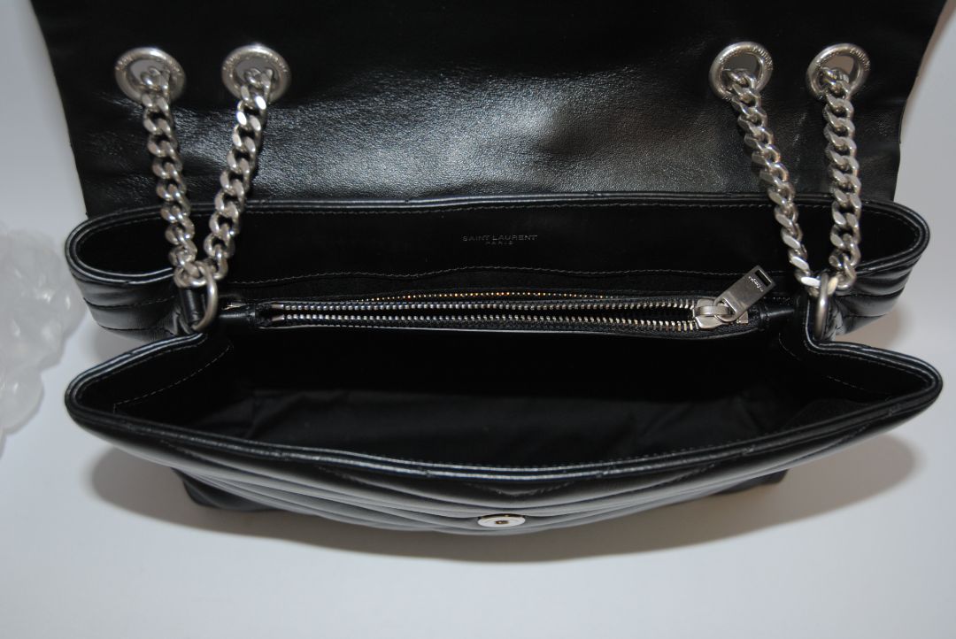 black and silver Saint Laurent loulou large calfskin, Length: 14 in (35.5 cm) Height: 10 in (25.5 cm) Depth: 5.1 in (13 cm) Strap Drop (Double Chain): ~11 in Strap Drop (Single Crossbody): ~19 in
