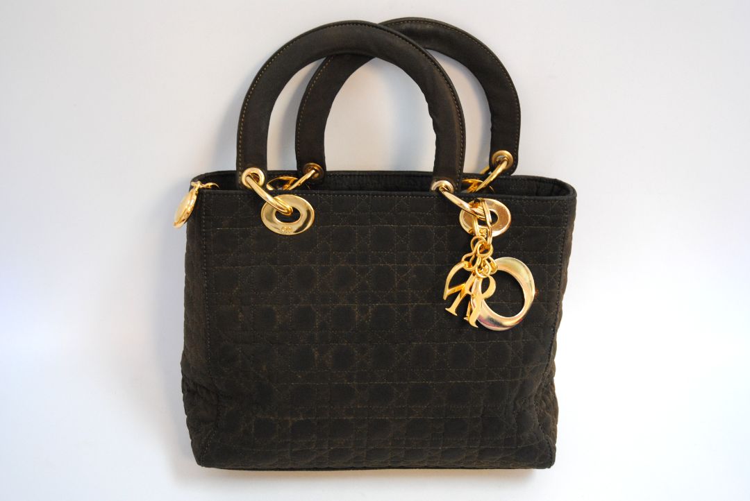 brown Christian Dior quilted lady dior nylon bag, Length: 13 in Height: 10 in Depth: 4.5 in Handle Drop: 4 in