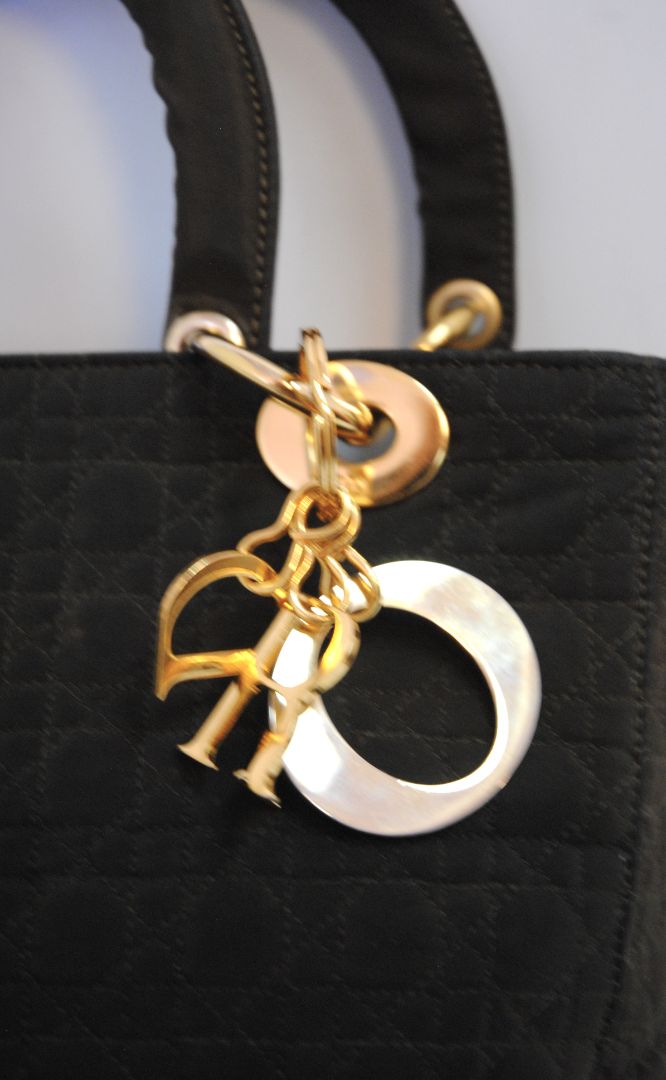 brown Christian Dior quilted lady dior nylon bag, Length: 13 in Height: 10 in Depth: 4.5 in Handle Drop: 4 in
