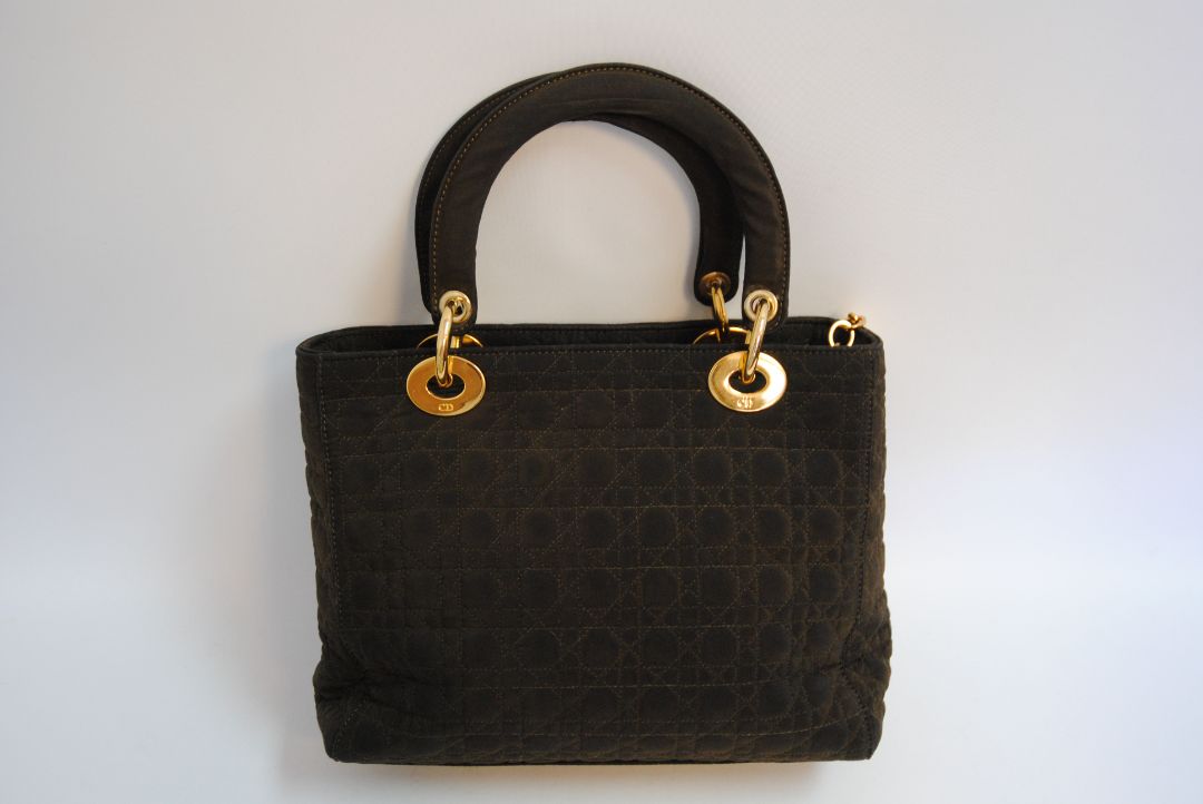 brown Christian Dior quilted lady dior nylon bag, Length: 13 in Height: 10 in Depth: 4.5 in Handle Drop: 4 in