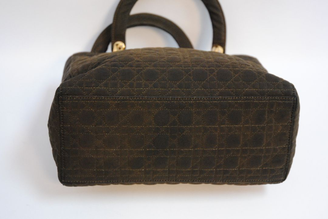 brown Christian Dior quilted lady dior nylon bag, Length: 13 in Height: 10 in Depth: 4.5 in Handle Drop: 4 in