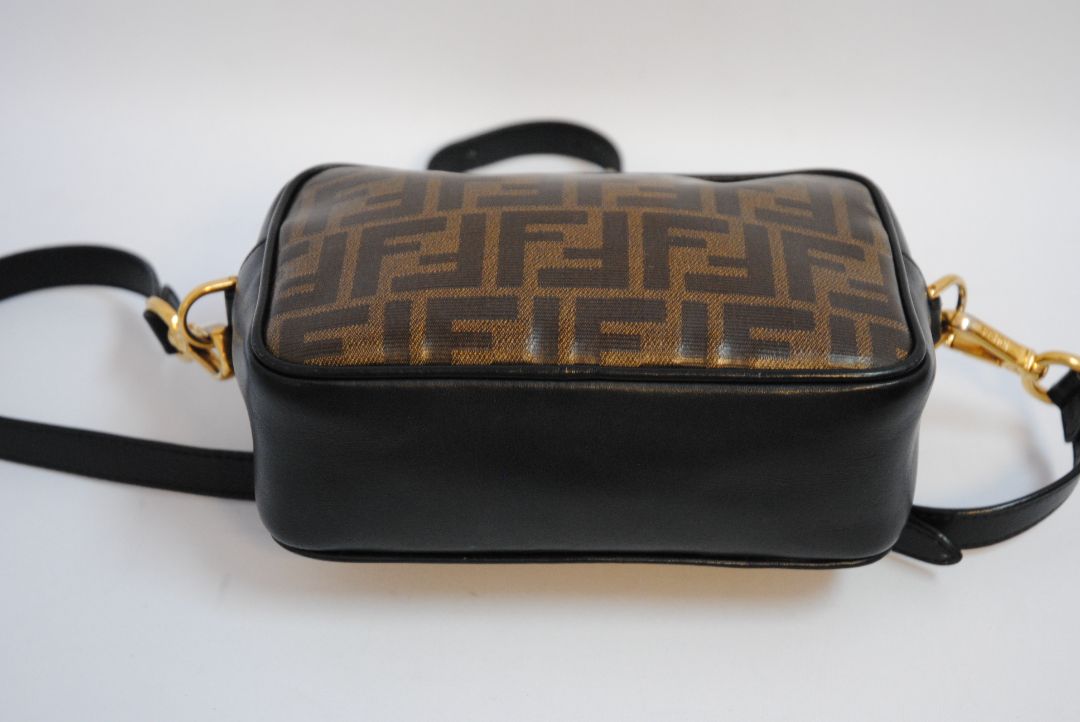 : Brown Zucca monogram Fendi rare Vintage Zucca Crossbody Camera Bag – Brown Canvas with Black Leather Trim, Length: 8.5 in (21.5 cm) Height: 6 in (15 cm) Depth: 2.5 in (6.5 cm) Strap Drop: 21–23 in (adjustable crossbody)