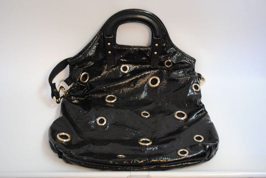black Stella McCartney grommet patent eco tote, Length: 18 in (46 cm) Height: 16 in (41 cm) Depth: 5 in (13 cm) Top Handle Drop: 4 in Shoulder Strap Drop: Adjustable up to 20 in (Ideal for top-handle or crossbody wear)
