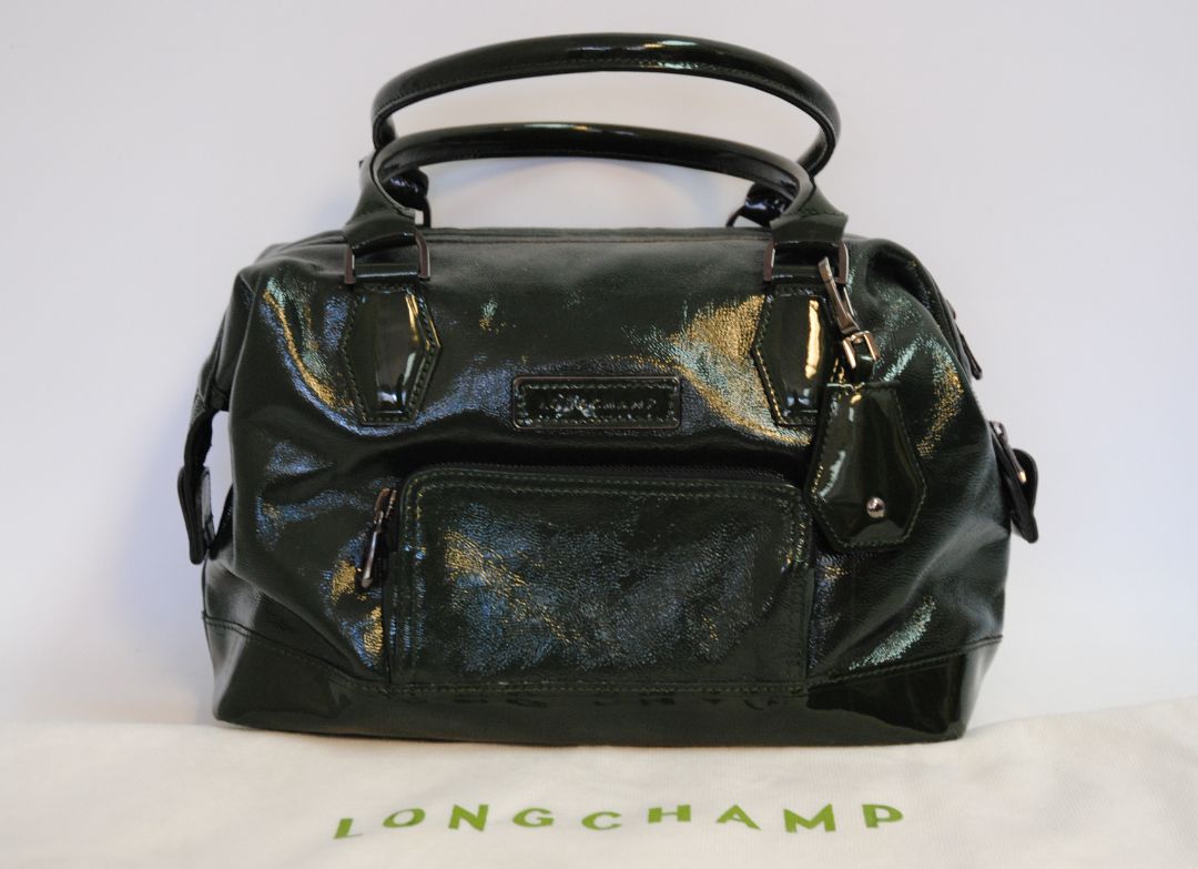 forest green Longchamp bowling bag, Length: 13 in Height: 9 in Depth: 6 in Handle Drop: 5 in Strap Drop (Adjustable/Removable): 17β21 in