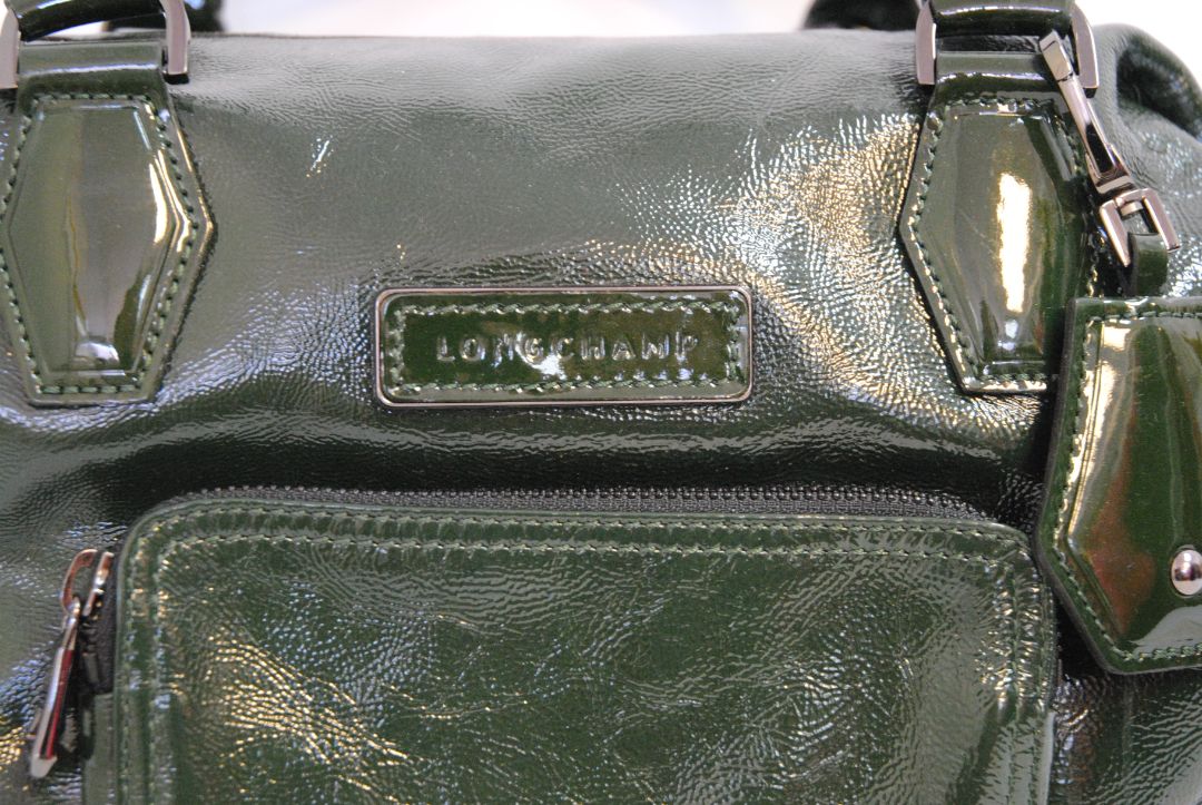forest green Longchamp bowling bag, Length: 13 in Height: 9 in Depth: 6 in Handle Drop: 5 in Strap Drop (Adjustable/Removable): 17β21 in
