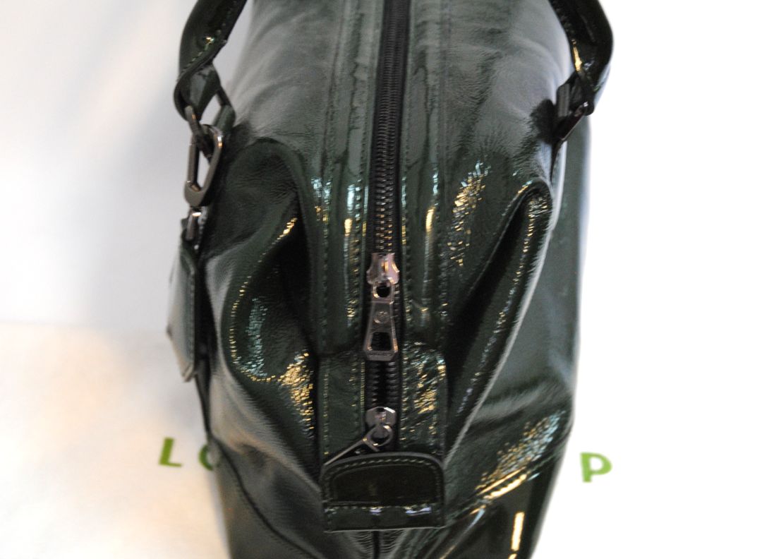 forest green Longchamp bowling bag, Length: 13 in Height: 9 in Depth: 6 in Handle Drop: 5 in Strap Drop (Adjustable/Removable): 17β21 in