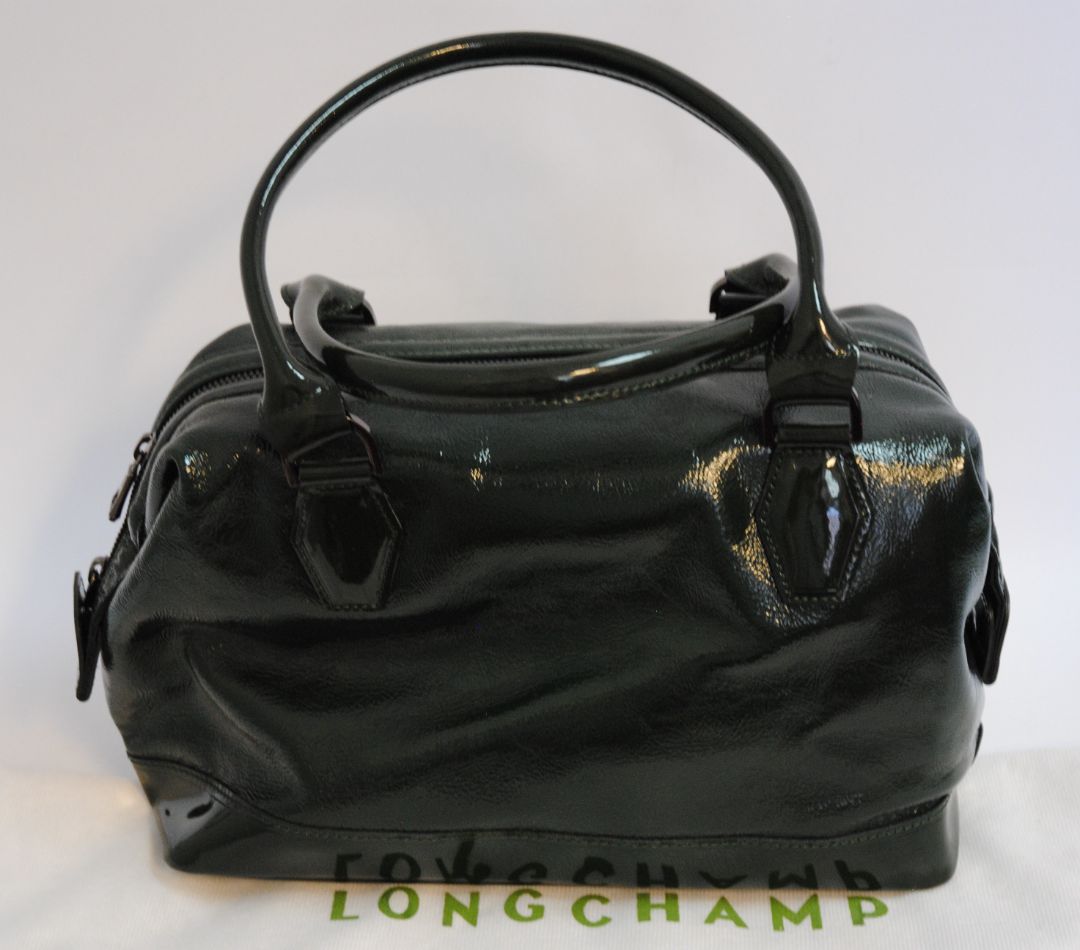 forest green Longchamp bowling bag, Length: 13 in Height: 9 in Depth: 6 in Handle Drop: 5 in Strap Drop (Adjustable/Removable): 17β21 in