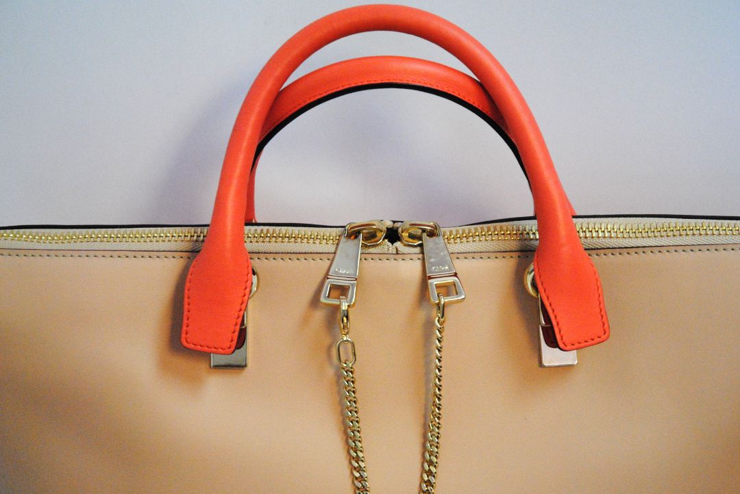 blush and coral Chloe colorblock leather tote, Length: 13.5 in Height: 9.5 in Depth: 6 in Handle Drop: 5 in Strap Drop: 17 in (adjustable, removable wide strap)