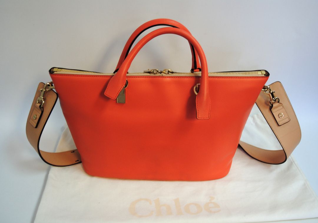 blush and coral Chloe colorblock leather tote, Length: 13.5 in Height: 9.5 in Depth: 6 in Handle Drop: 5 in Strap Drop: 17 in (adjustable, removable wide strap)
