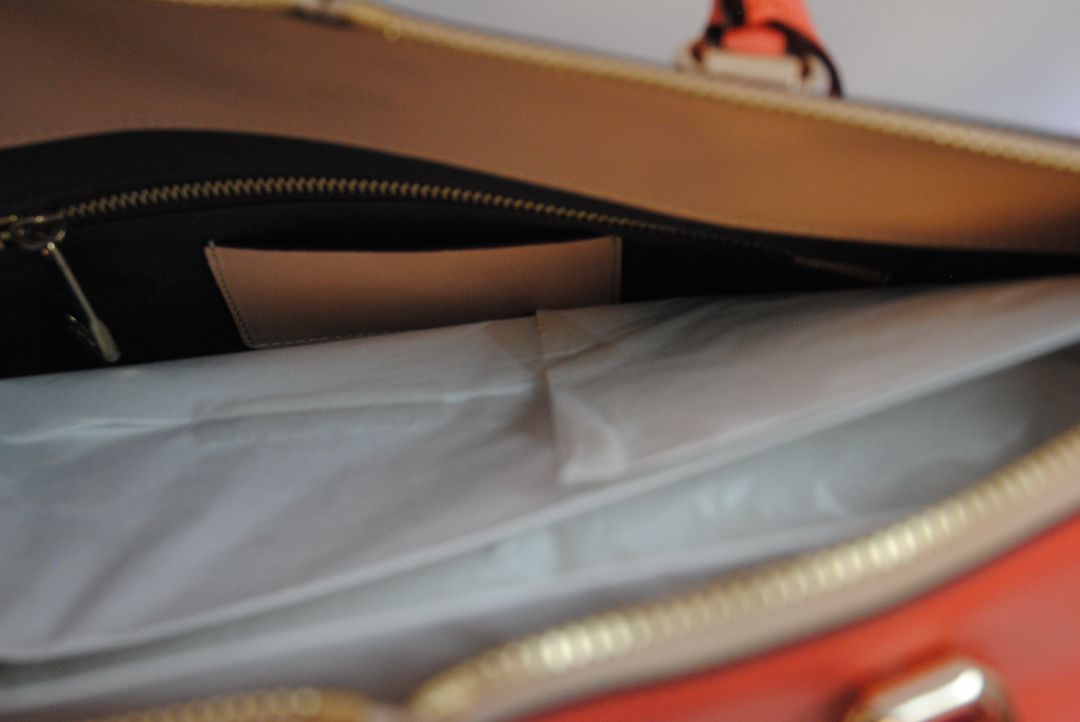 blush and coral Chloe colorblock leather tote, Length: 13.5 in Height: 9.5 in Depth: 6 in Handle Drop: 5 in Strap Drop: 17 in (adjustable, removable wide strap)