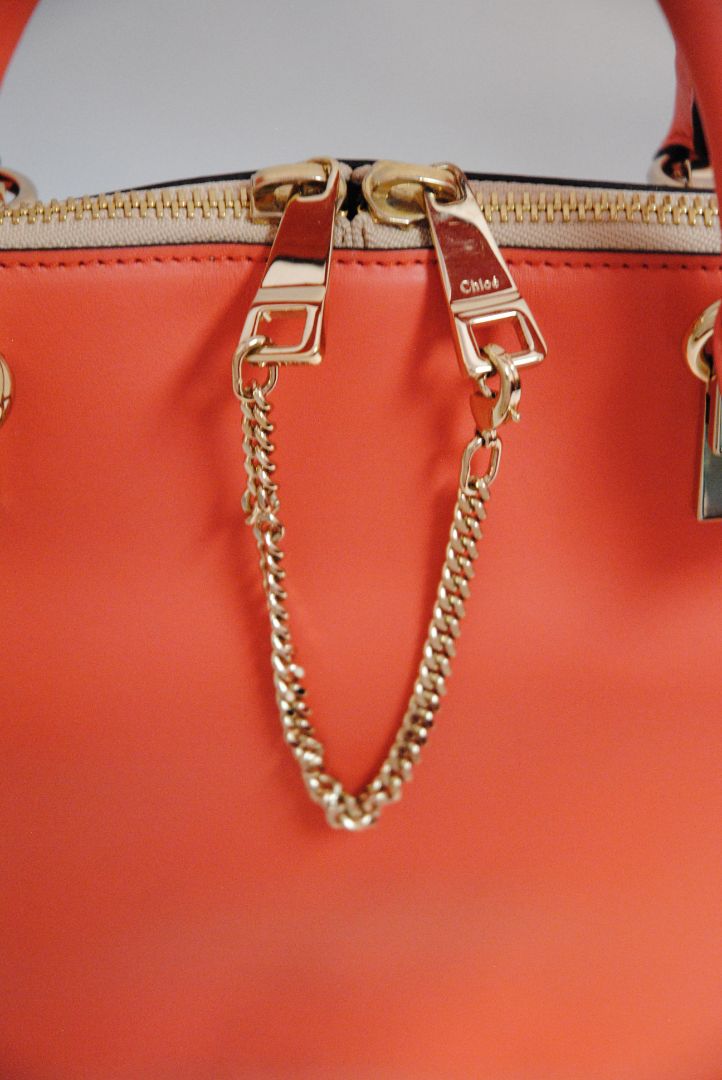 blush and coral Chloe colorblock leather tote, Length: 13.5 in Height: 9.5 in Depth: 6 in Handle Drop: 5 in Strap Drop: 17 in (adjustable, removable wide strap)