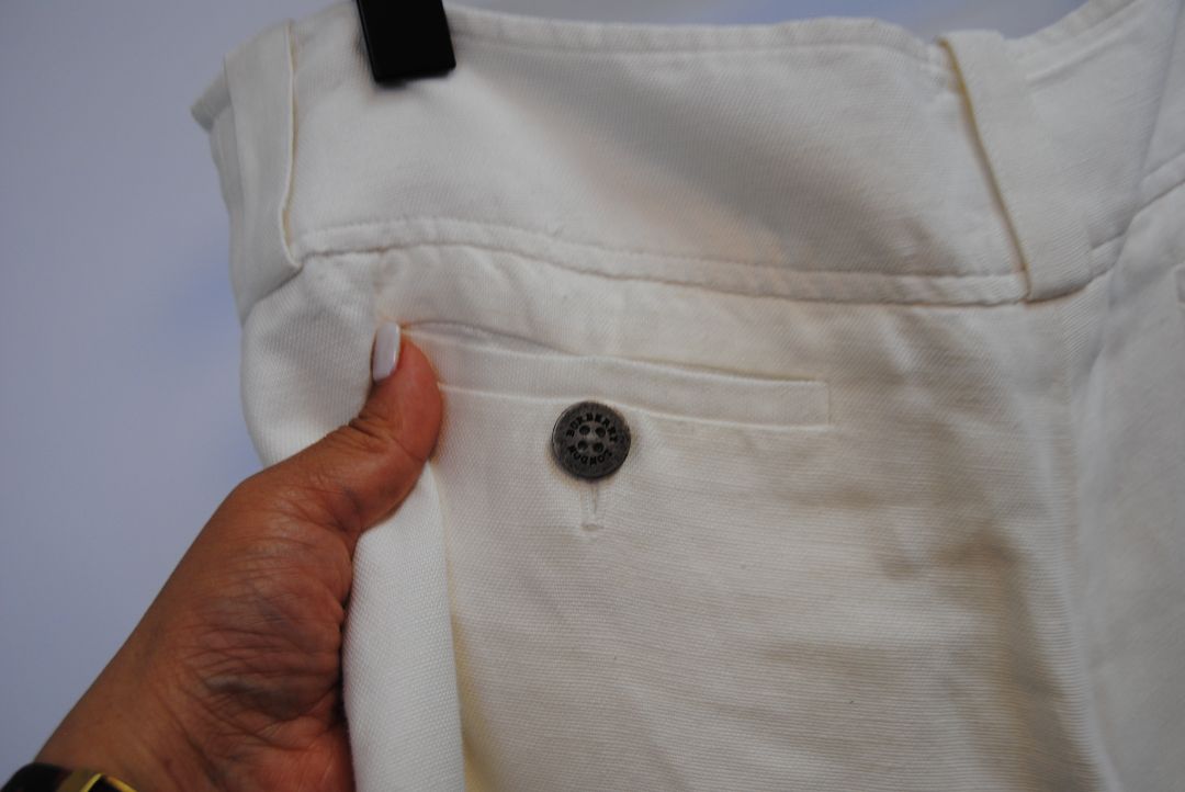 ivory Burberry linen trousers, Waist: 15 in (flat) Rise: 11 in Inseam: 30 in Hip: 19 in (flat) Leg Opening: 9.5 in Length: 41 in Closure: Hidden hook-and-zip front Fit: Mid-to-high rise, relaxed wide-leg silhouette