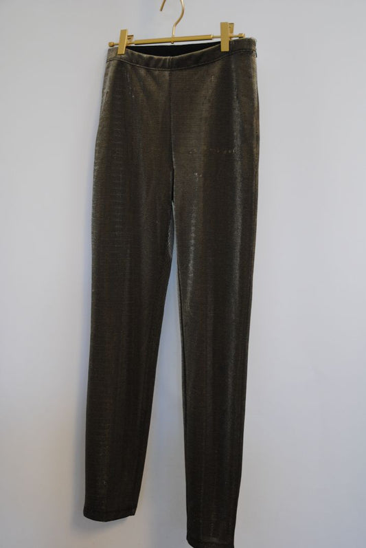 bronze Jean Paul Gaultier metallic trousers, Waist (flat, unstretched): 13.5 in Rise: 10.5 in Inseam: 29 in Hip: 18 in Leg Opening: 6 in Fit: Slim with light taper; stretch pull-on style