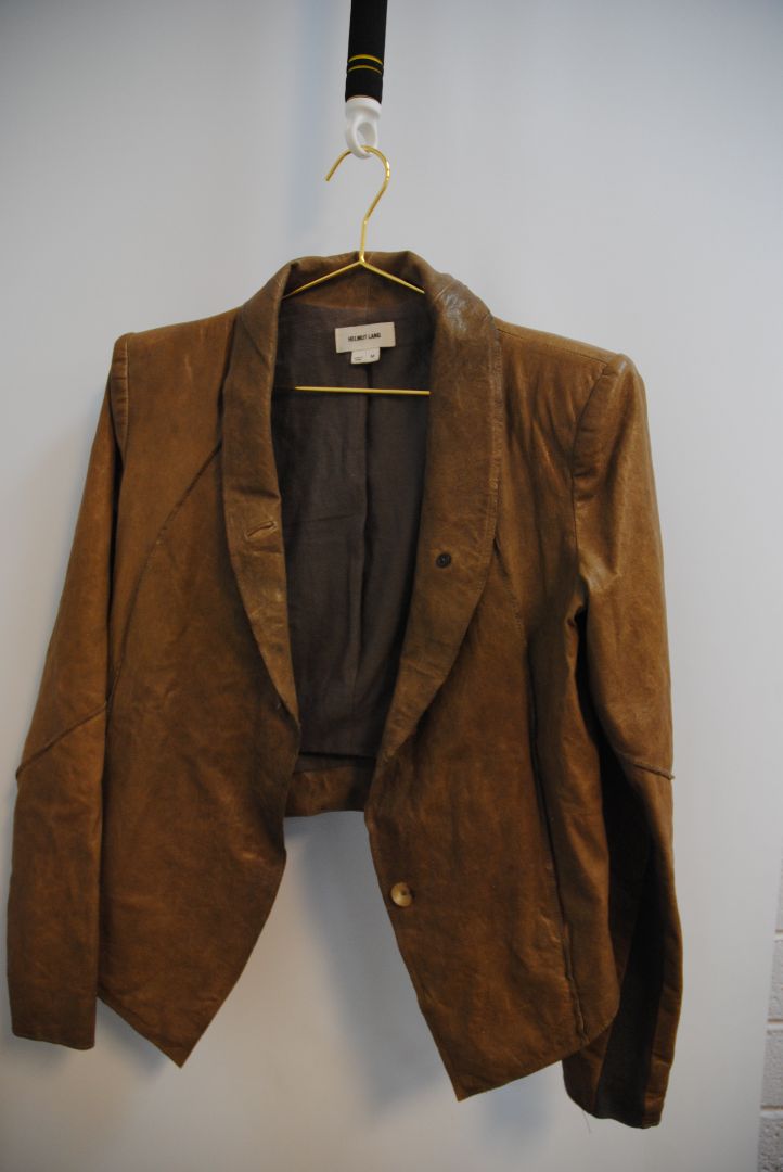 brown Helmut Lang blazer leather, Shoulder to Shoulder: 16 in Bust: 38 in Sleeve Length: 24 in Length (Front): 22 in (asymmetrical hem) Length (Back): 20 in Fit: Structured yet slightly relaxed