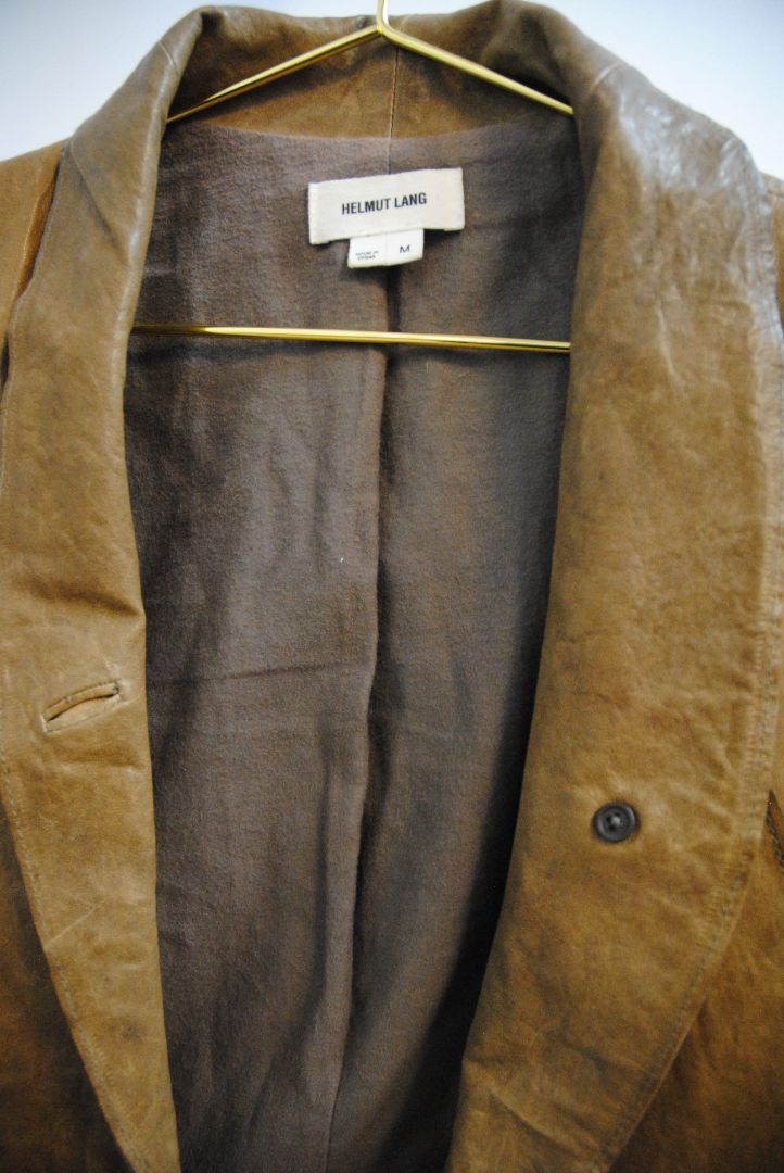 brown Helmut Lang blazer leather, Shoulder to Shoulder: 16 in Bust: 38 in Sleeve Length: 24 in Length (Front): 22 in (asymmetrical hem) Length (Back): 20 in Fit: Structured yet slightly relaxed