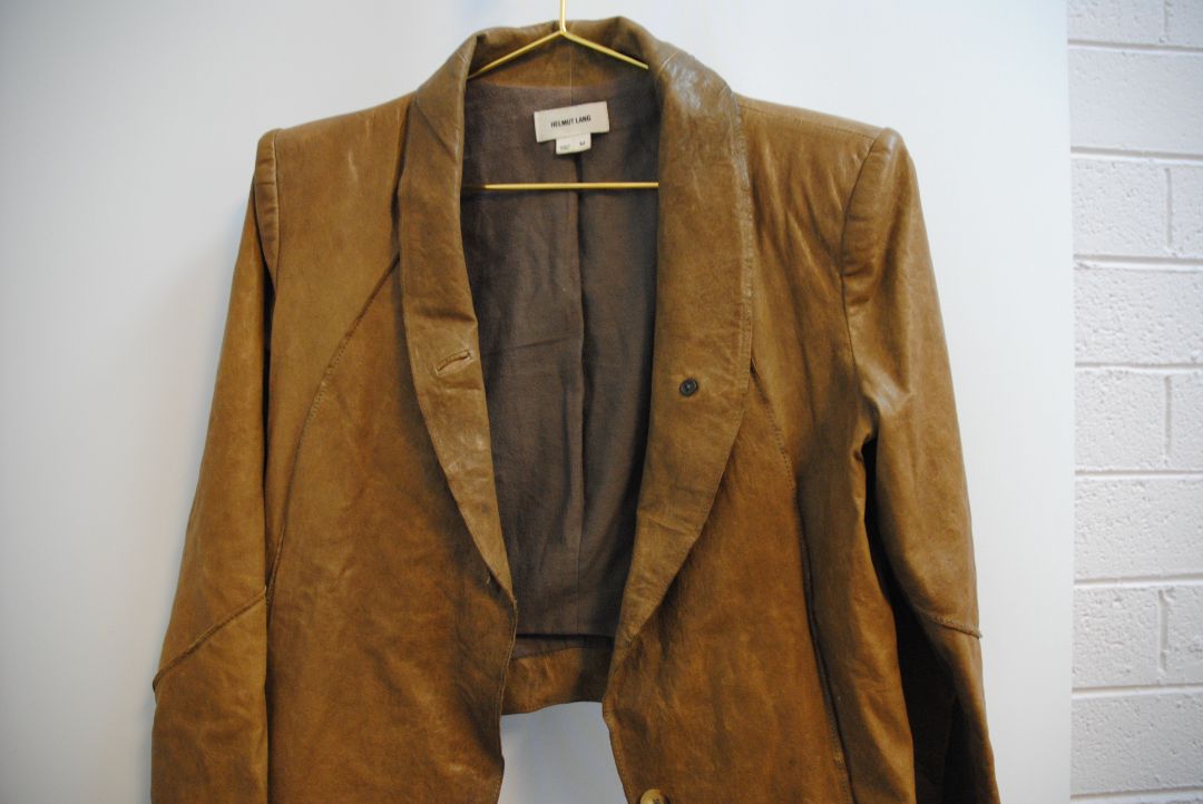 brown Helmut Lang blazer leather, Shoulder to Shoulder: 16 in Bust: 38 in Sleeve Length: 24 in Length (Front): 22 in (asymmetrical hem) Length (Back): 20 in Fit: Structured yet slightly relaxed