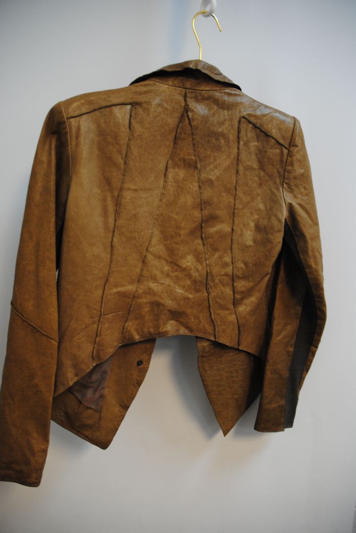 brown Helmut Lang blazer leather, Shoulder to Shoulder: 16 in Bust: 38 in Sleeve Length: 24 in Length (Front): 22 in (asymmetrical hem) Length (Back): 20 in Fit: Structured yet slightly relaxed