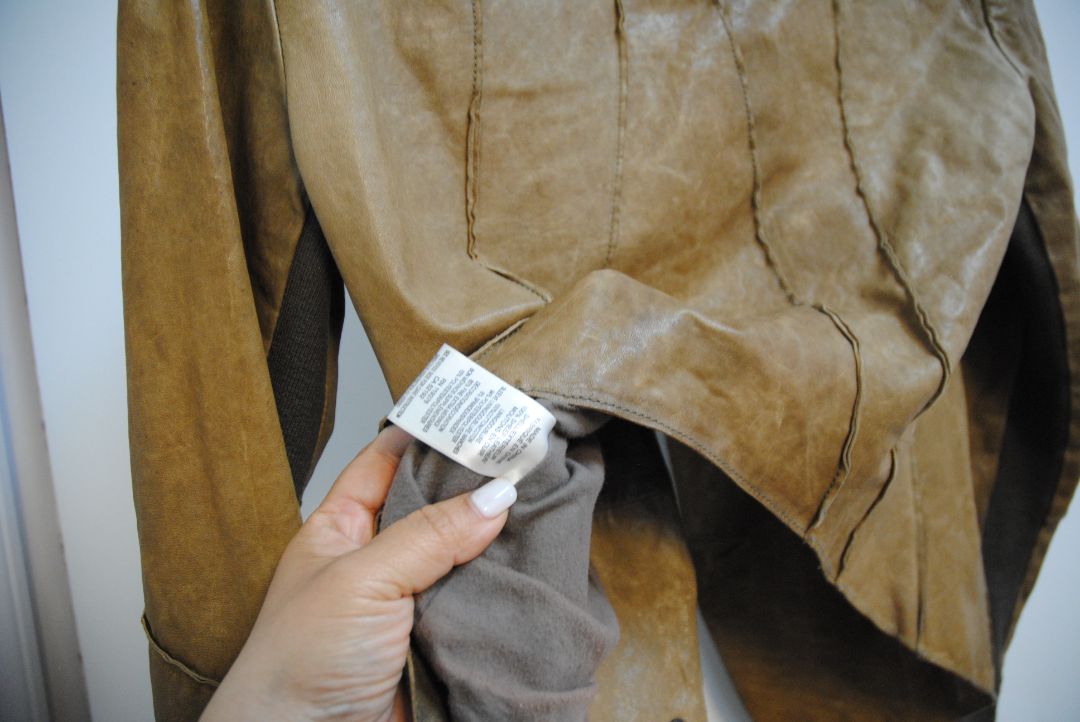 brown Helmut Lang blazer leather, Shoulder to Shoulder: 16 in Bust: 38 in Sleeve Length: 24 in Length (Front): 22 in (asymmetrical hem) Length (Back): 20 in Fit: Structured yet slightly relaxed