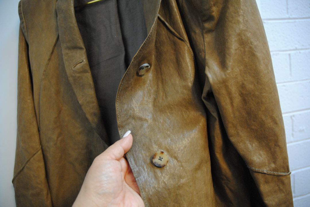 brown Helmut Lang blazer leather, Shoulder to Shoulder: 16 in Bust: 38 in Sleeve Length: 24 in Length (Front): 22 in (asymmetrical hem) Length (Back): 20 in Fit: Structured yet slightly relaxed