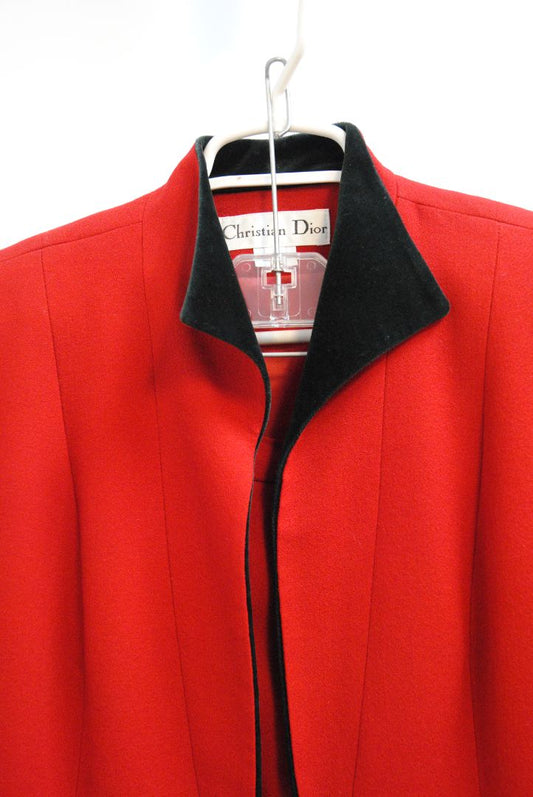 red and black Christian Dior vintage suit, Dimensions (Estimated – Size 8 US / M) Shoulder to Shoulder: 17 in Bust: 20 in (flat) Waist: 18 in Sleeve Length: 23 in Jacket Length: 29 in (Jacket comes with a matching pencil skirt – dimensions available upon