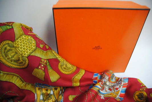red and gold Hermes “Sous l’Égide de Mars” Silk Scarf (Vintage Red & Gold), Size: 90 cm x 90 cm (35.4” x 35.4”)